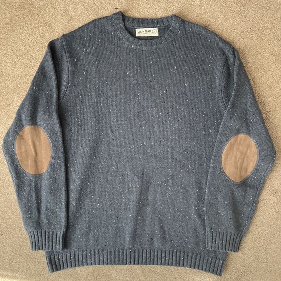 Line of Trade Sweater Mens XL Blue Speckled Donegal Wool Blend Elbow Patches - Picture 1 of 6